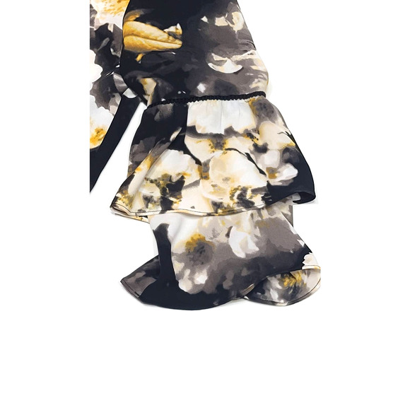 Alfani yellow black floral long sleeve ruffle blouse women's medium v hem - Picture 4 of 7